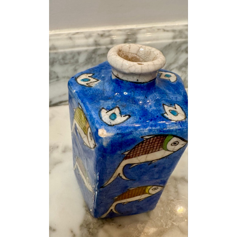 Persian Islamic Style Studio Pottery Vase Blue Fish Motif Folk Art Ceramic - Picture 4 of 10